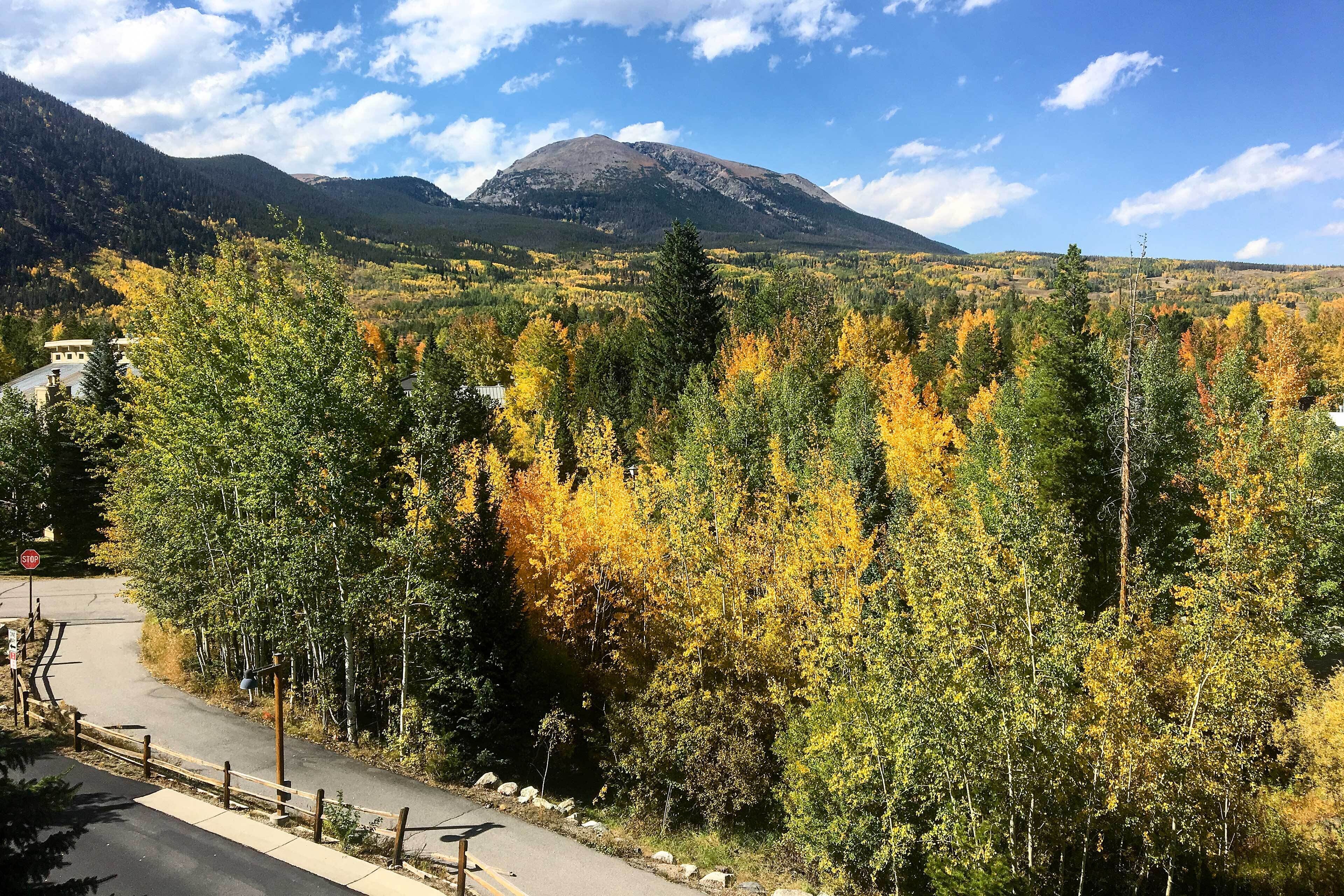 A road with a wooden fence, a stop sign, and a mountain in the background.