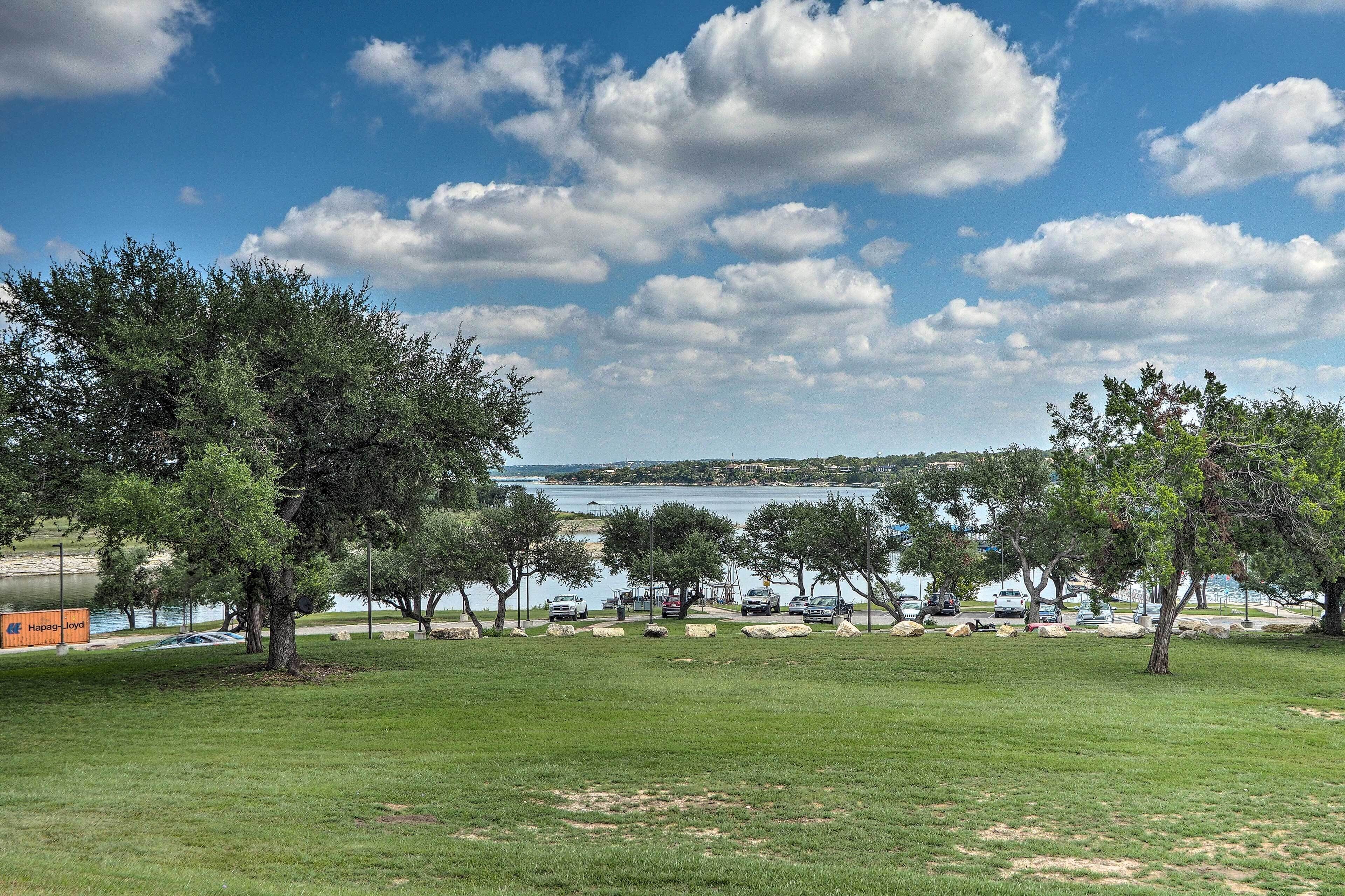 A grassy area with trees and a body of water in the background.