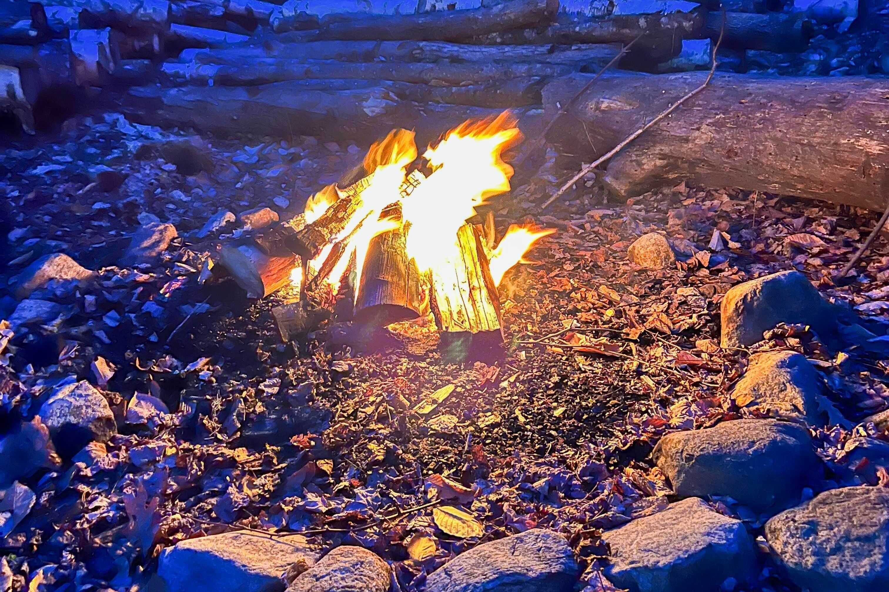 A campfire surrounded by rocks and dry leaves.