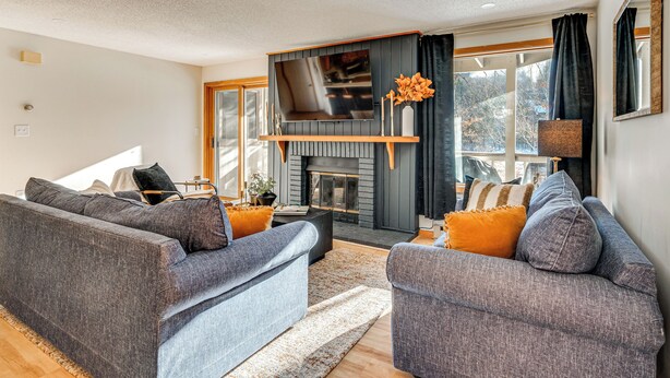 A modern living room with grey sofas, a flat-screen TV, a fireplace, and large windows.