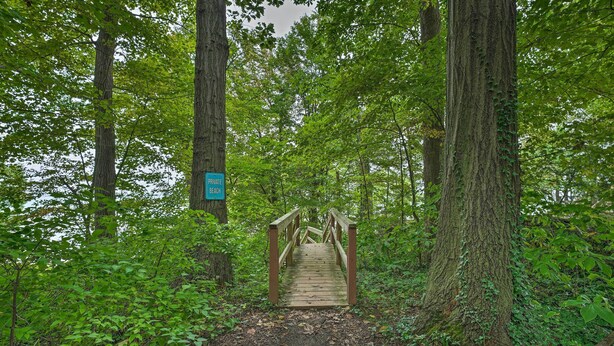 A wooden bridge in a forested area with a sign indicating a private beach. - Lakeside Escape Steps to Lake Michigan Beach! (Lakeside)