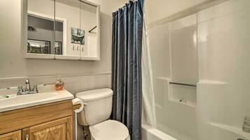 Une salle de bain équipée de toilettes, d’un lavabo, d’un miroir et d’une douche.