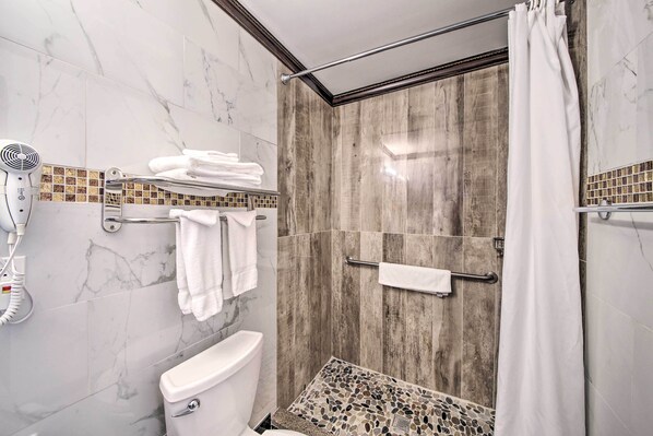 A bathroom with a shower, toilet, and hairdryer.