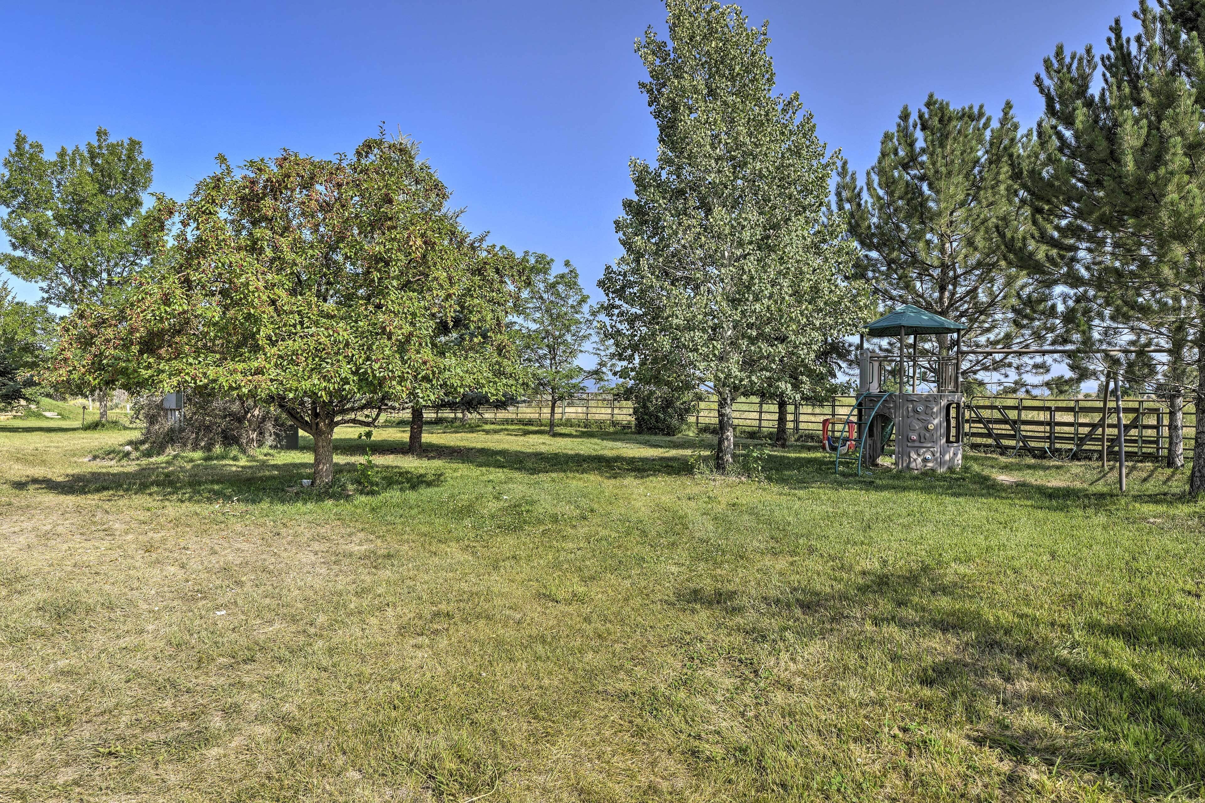 A park with a playground, trees, and a fenced area.