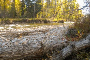 A natural landscape with a river, rocks, and trees. - Creek Access + Fire Pit! Red Lodge Family Retreat (Red Lodge)