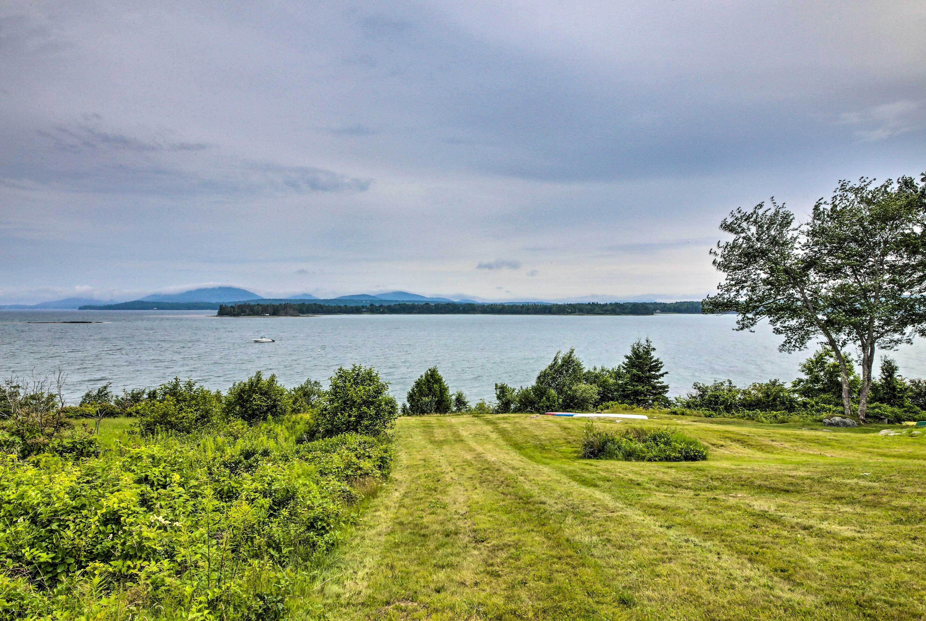 A grassy area with a view of a lake and distant mountains.