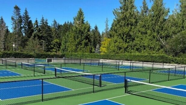 Un complexe de courts de tennis comprenant plusieurs terrains, entouré d’arbres.