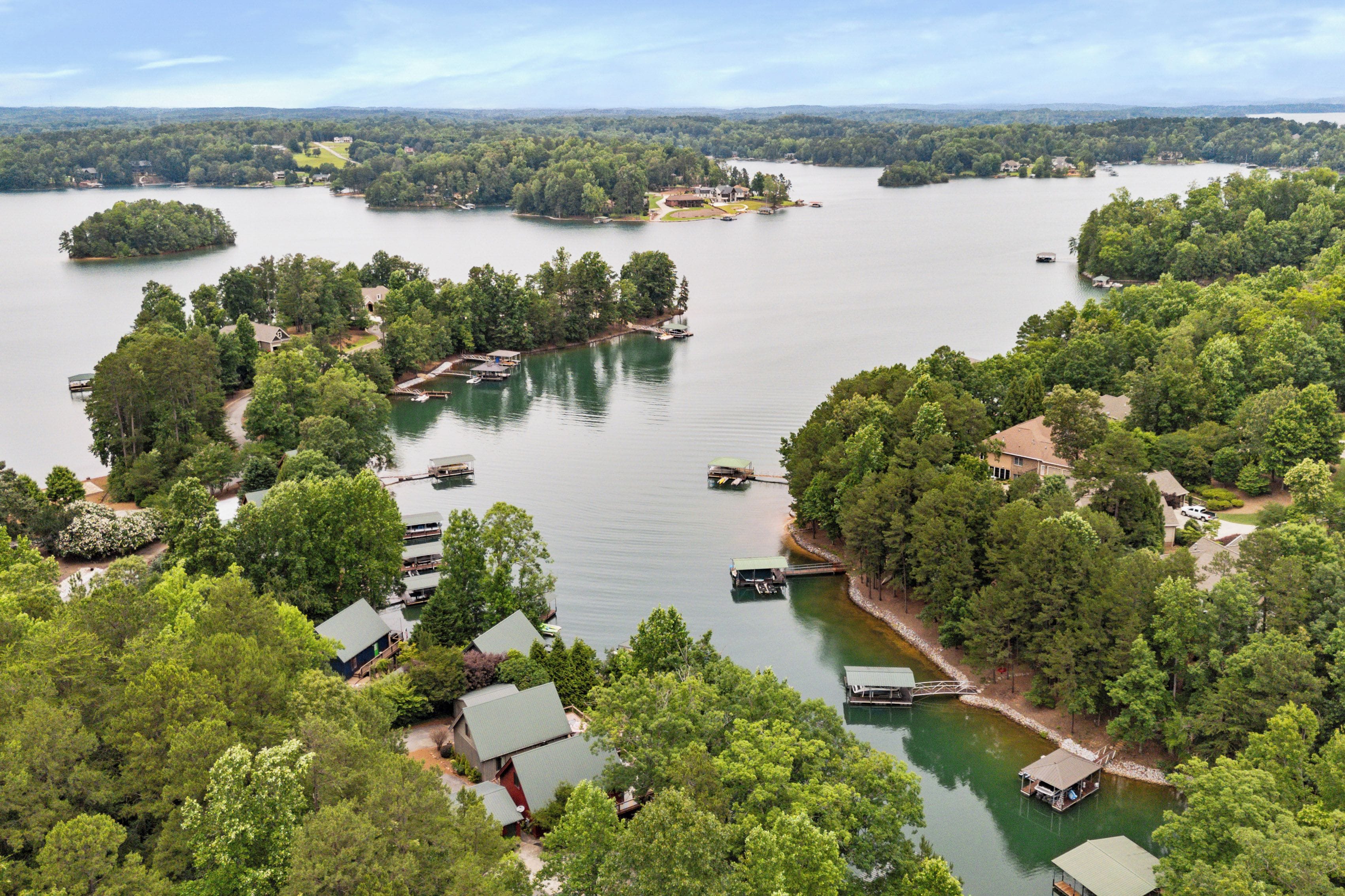 A lakeside property with multiple docks, boats, and houses surrounded by dense trees.