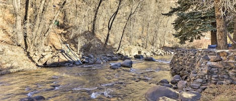 A clear stream with rocks and trees, surrounded by a stone wall.