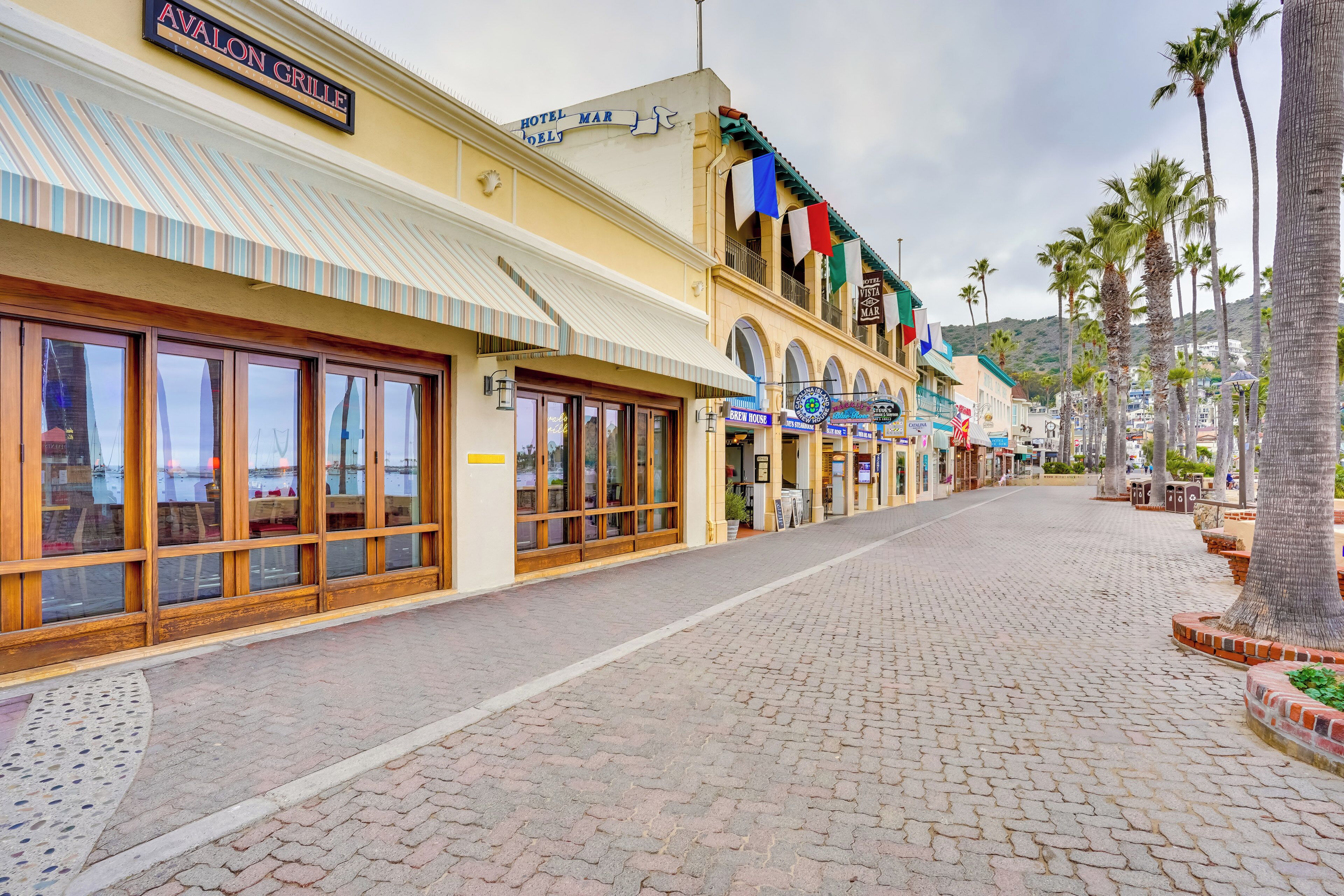 A street with storefronts, including a hotel named 'Avalon Grille' and a 'Hotel Mar'.