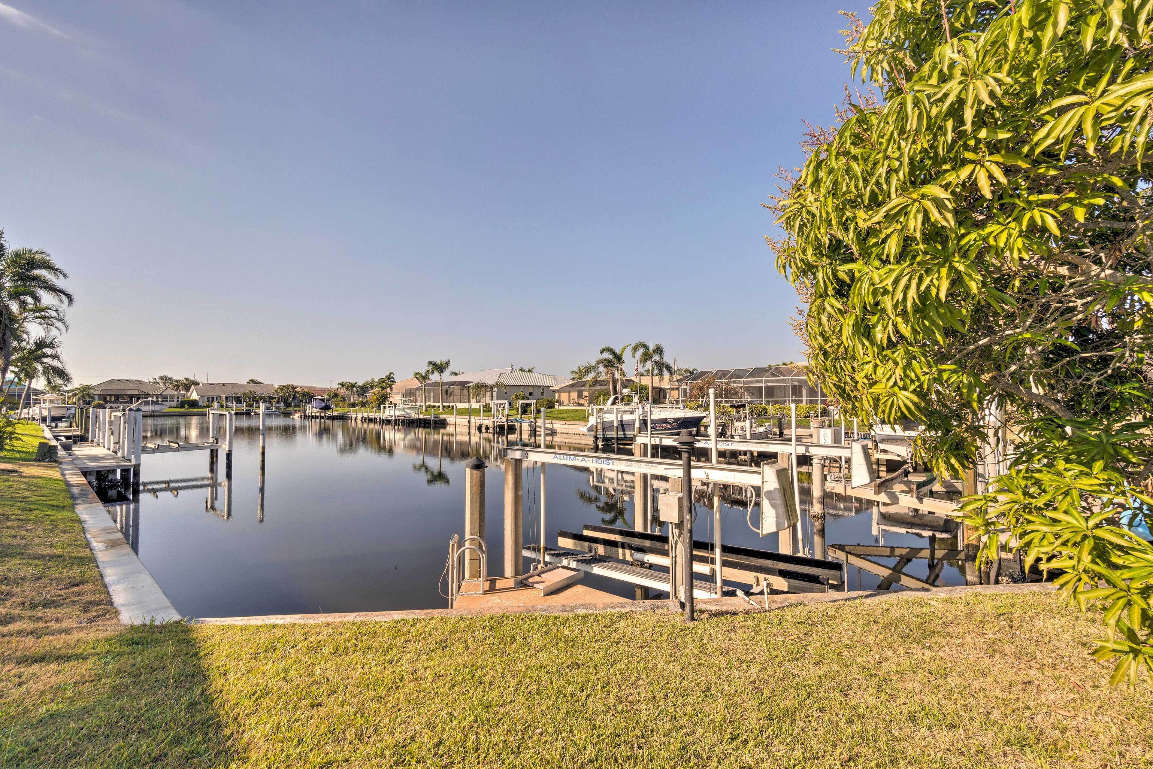 A marina with boats docked, a clear sky, and a grassy area with trees.
