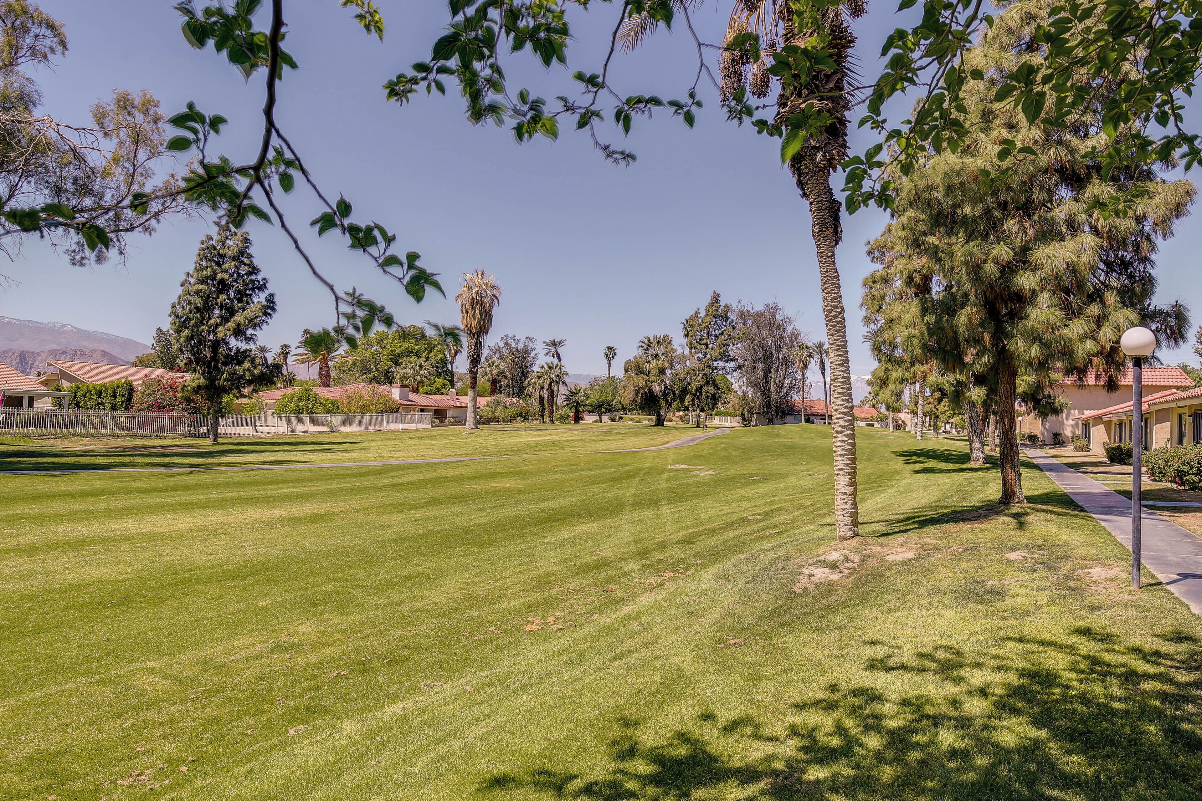 A well-maintained grassy area with trees and a pathway, likely part of a resort or hotel property.
