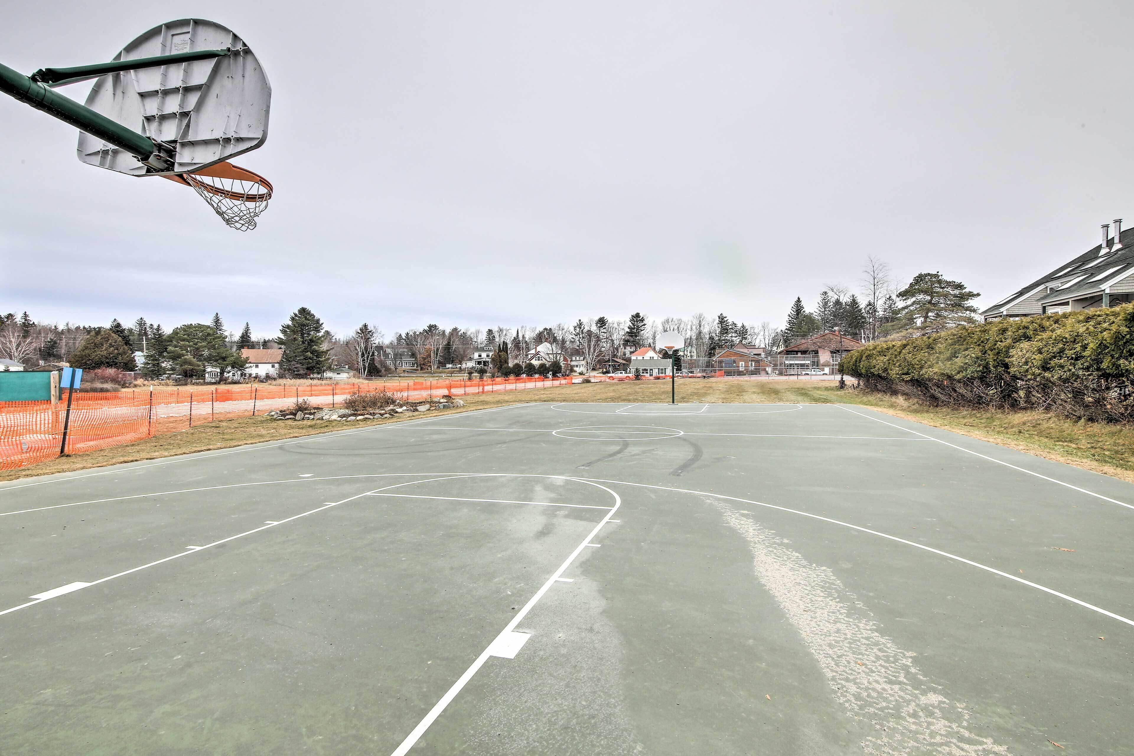 An outdoor basketball court with a hoop, surrounded by trees and houses.