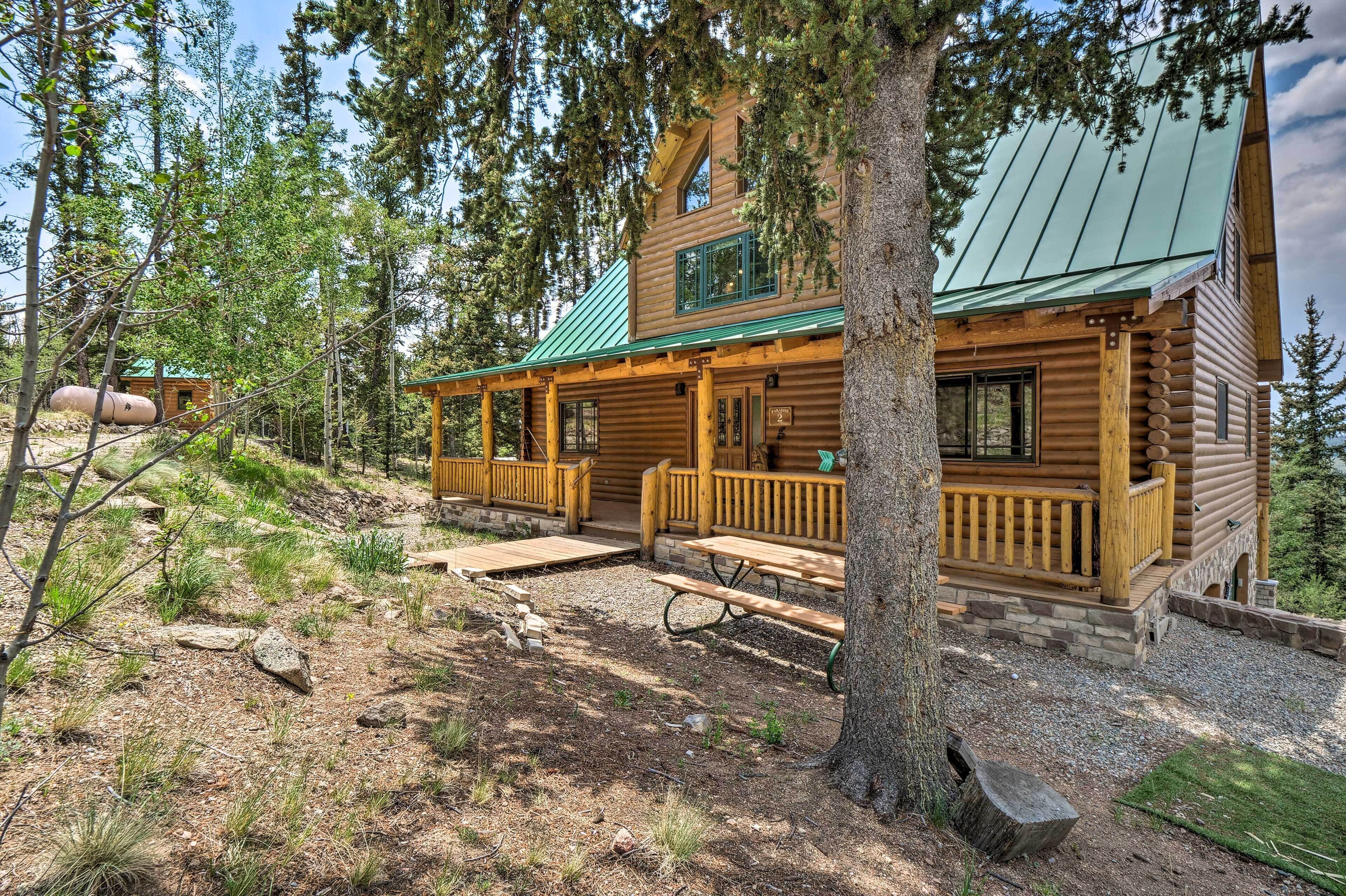 Eine Blockhütte mit grüner Dachdeckung, einer Holzterrasse und Picknicktischen.
