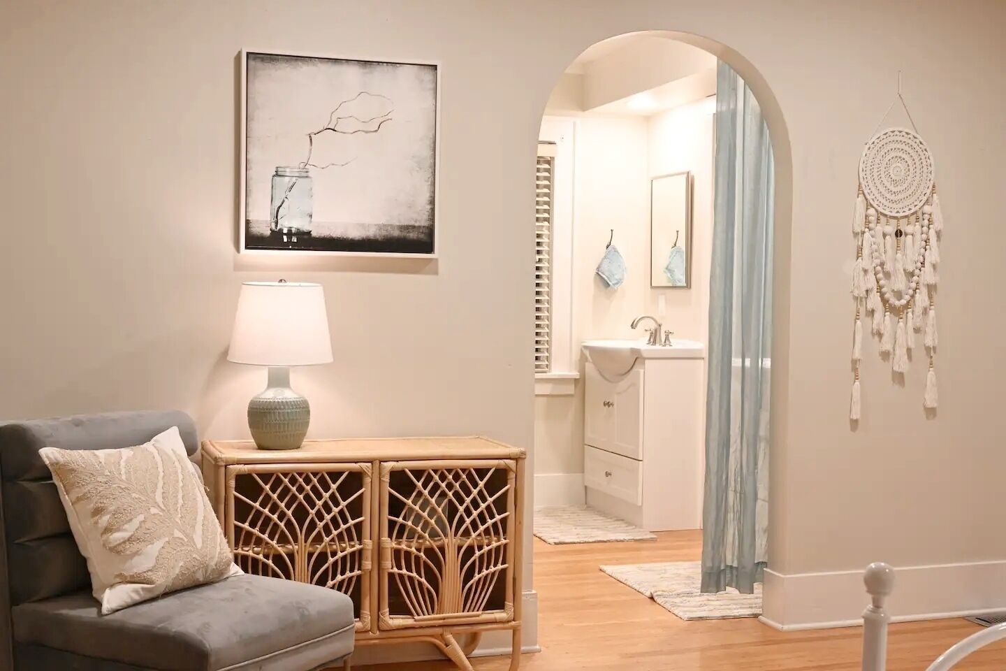 Master bedroom with wash basin and bathroom
