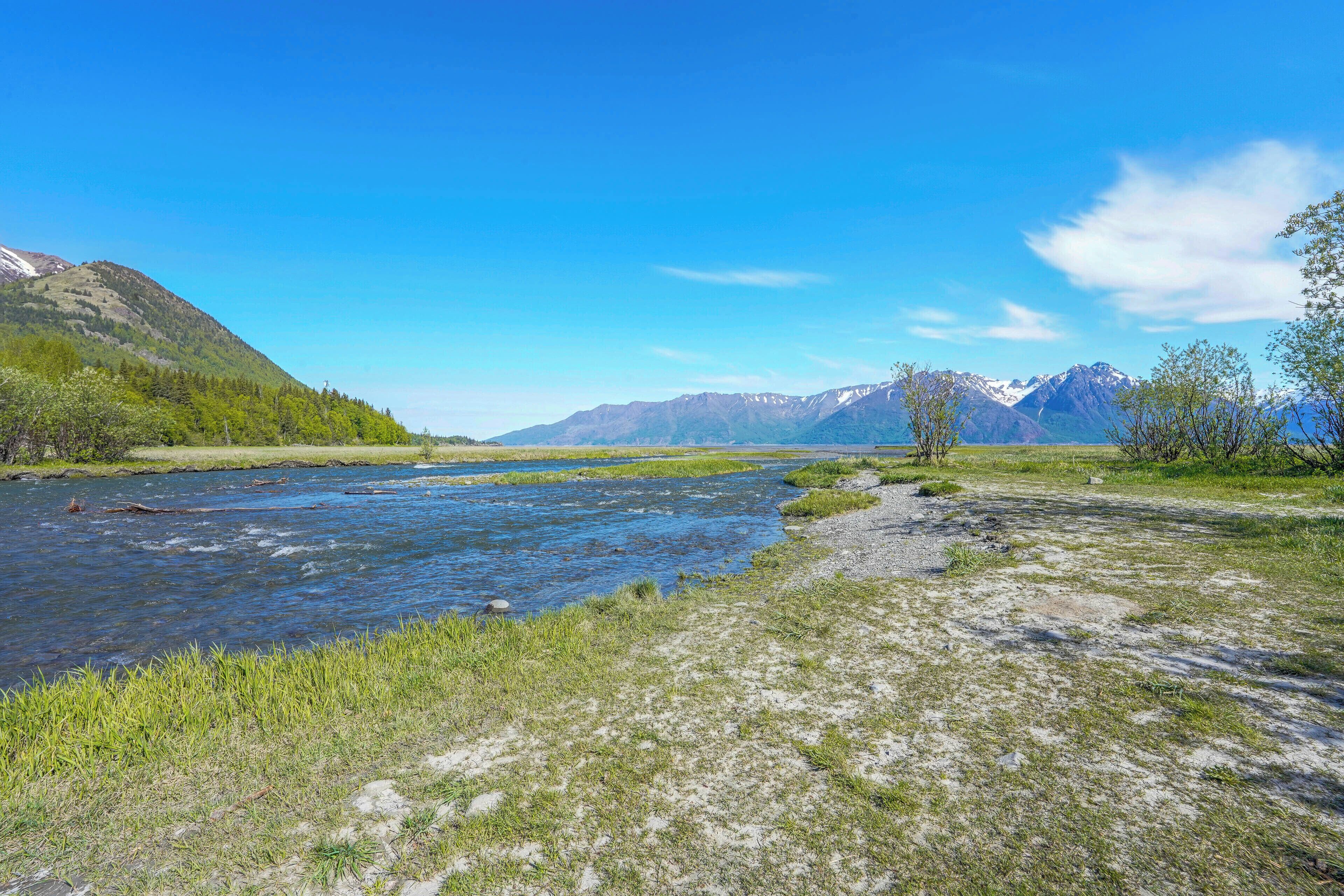En flod med et bjergrigt baggrundslandskab, græsbevoksede bredder og en klar himmel.