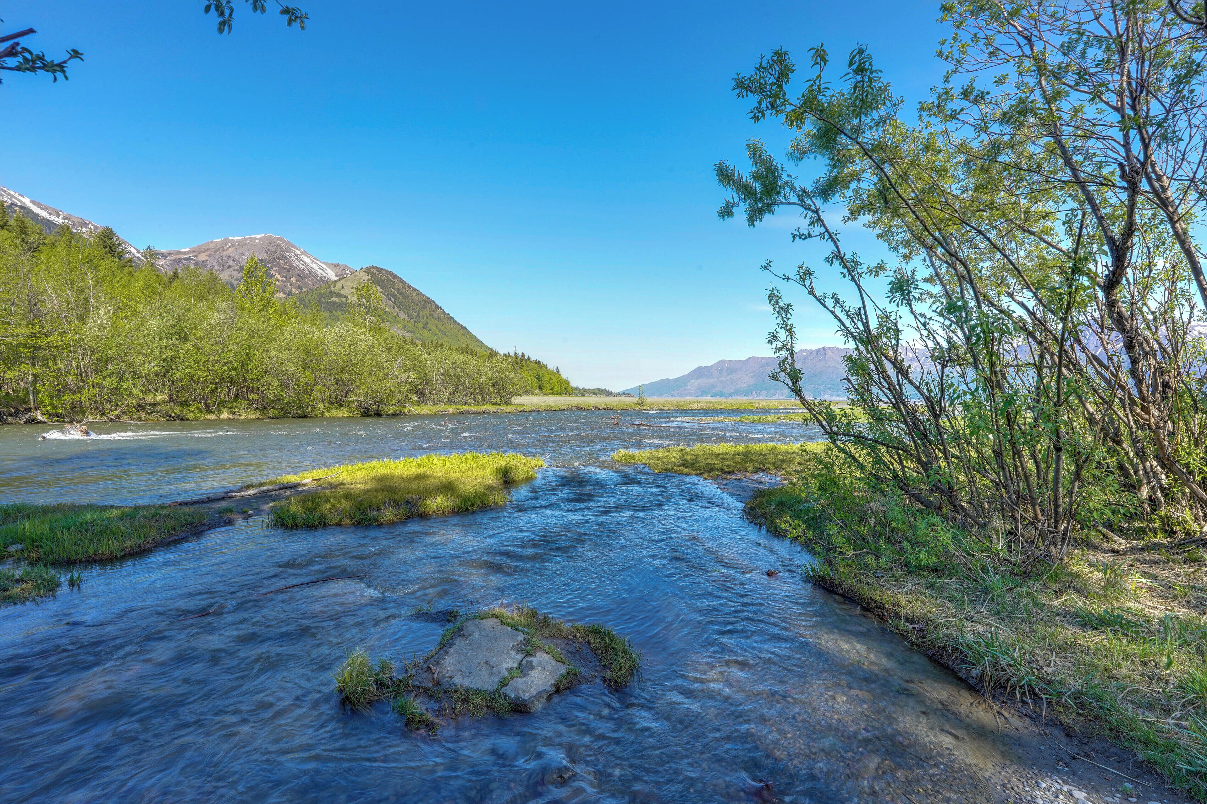 A river flowing through a valley with mountains in the background.
