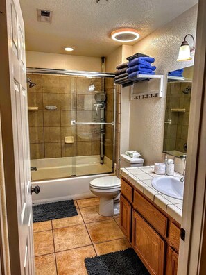 Hair dryer, towels, soap, toilet paper