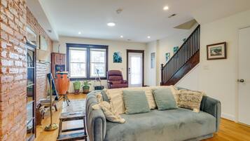 TV, fireplace, books