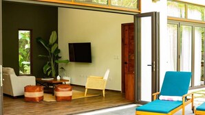 A modern living room with a sofa, a coffee table, a TV, and a large plant.
