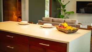 A modern kitchen with a white countertop, two white plates, and a bowl of fruit.
