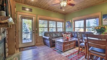 TV, fireplace, books