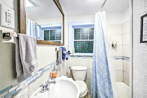 A bathroom with a white sink, a mirror, a toilet, and a shower curtain. - Pet-friendly Hot Springs Abode < 1 Mi to Dtwn (Hot Springs)