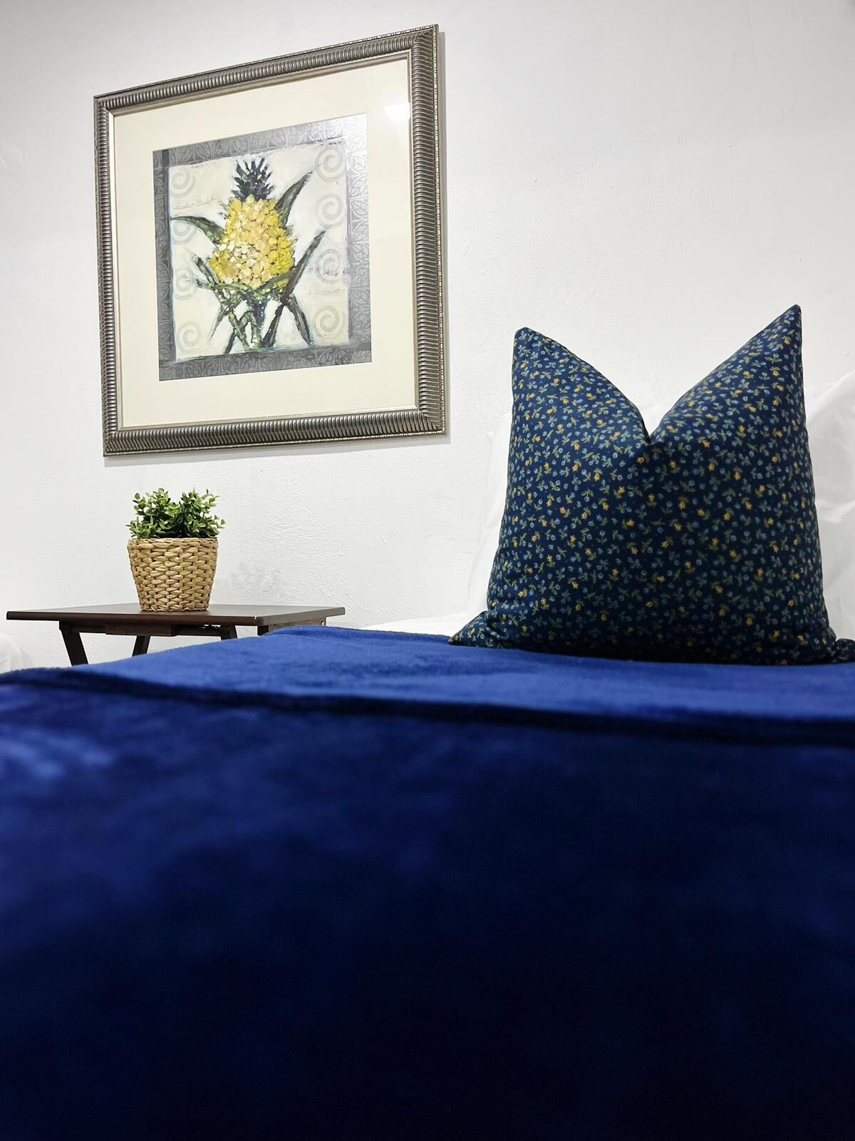 A room with a bed, a framed picture on the wall, a small table with a plant, and a decorative pillow.