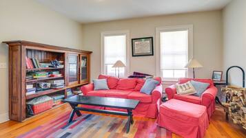 TV, fireplace, books