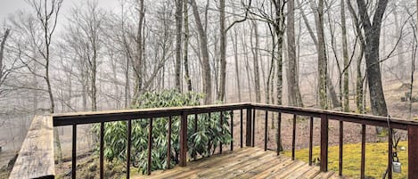 A wooden deck with a metal railing overlooking a forested area.