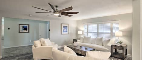 TV, fireplace, books