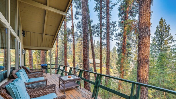 A wooden deck with wicker furniture and a glass table, surrounded by tall pine trees.