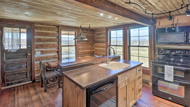 A rustic kitchen with wooden walls, a large island with a sink, a stove, and a view of the outdoors.