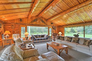 Fireplace, books - Trout Lake Ranch Cottage: 10 Acres w/ Beach Access (Trout Lake)