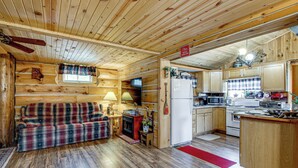 A log cabin interior with a living area, kitchen, and a fireplace. - Arkdale Studio Cabin w/ On-site ATV Trails! (Arkdale)
