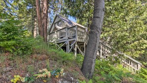 A wooden cabin with a balcony, surrounded by dense forest and ferns. - Half-mi to Shaver Lake: Cabin w/ Wraparound Deck (Shaver Lake)
