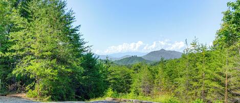 A gravel parking area with a wooden fence, surrounded by dense green trees and a mountain in the background.