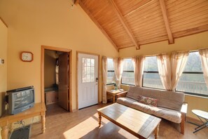 Un salon chaleureux avec un plafond en bois, un canapé, une table basse, un téléviseur posé sur un meuble en bois et une fenêtre avec des rideaux.