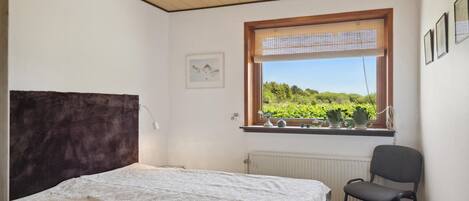 Un dormitorio con cama, una silla, un ventanal con vistas a la vegetación y un radiador.