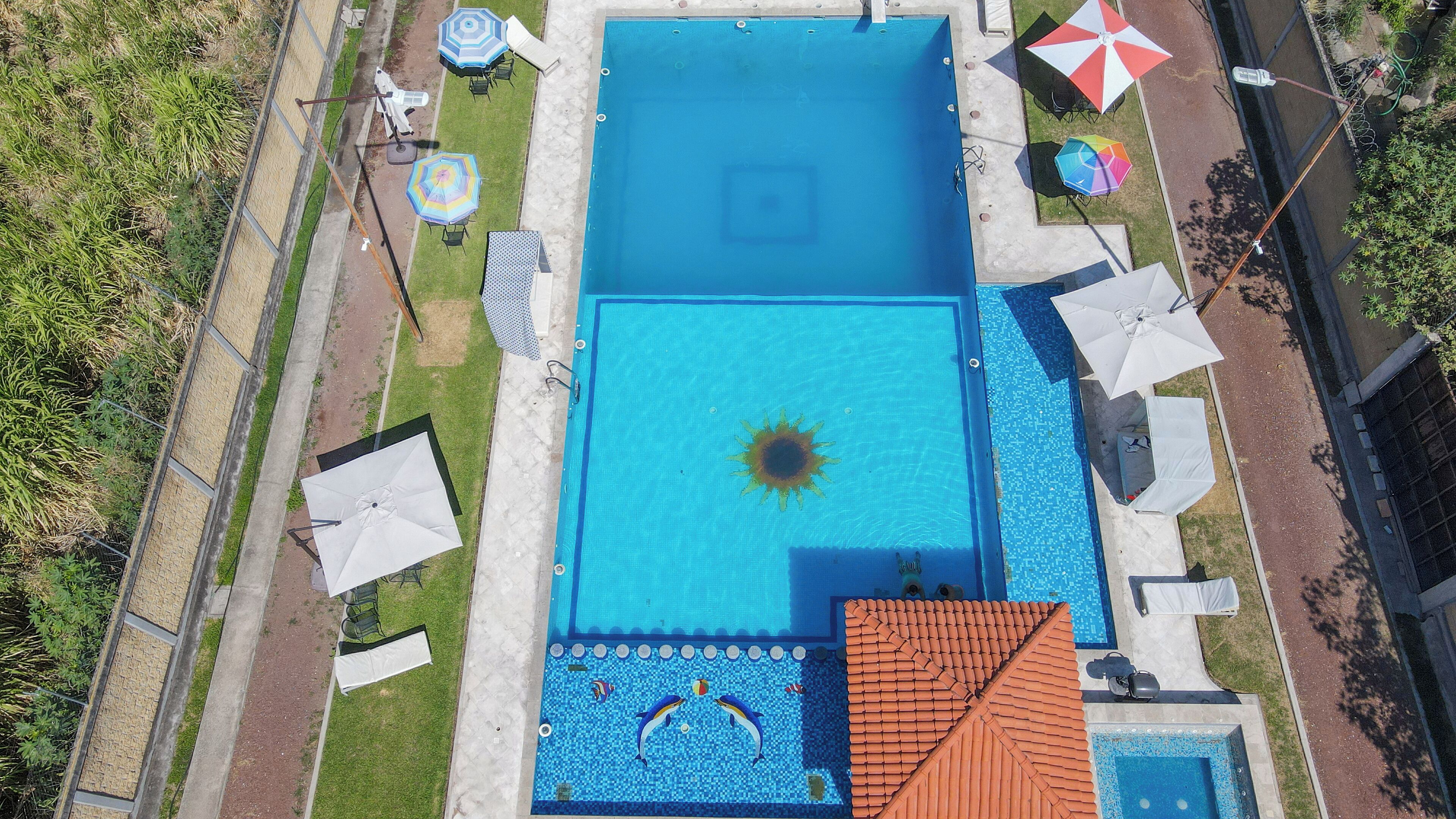 Alberca al aire libre, sombrillas en la alberca y camastros 