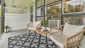 Un espace extérieur aménagé avec des meubles en osier, un tapis à motifs et une plante en pot.