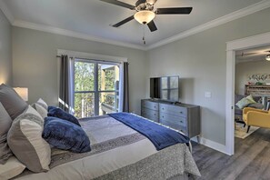 2 bedrooms, desk, laptop workspace, iron/ironing board