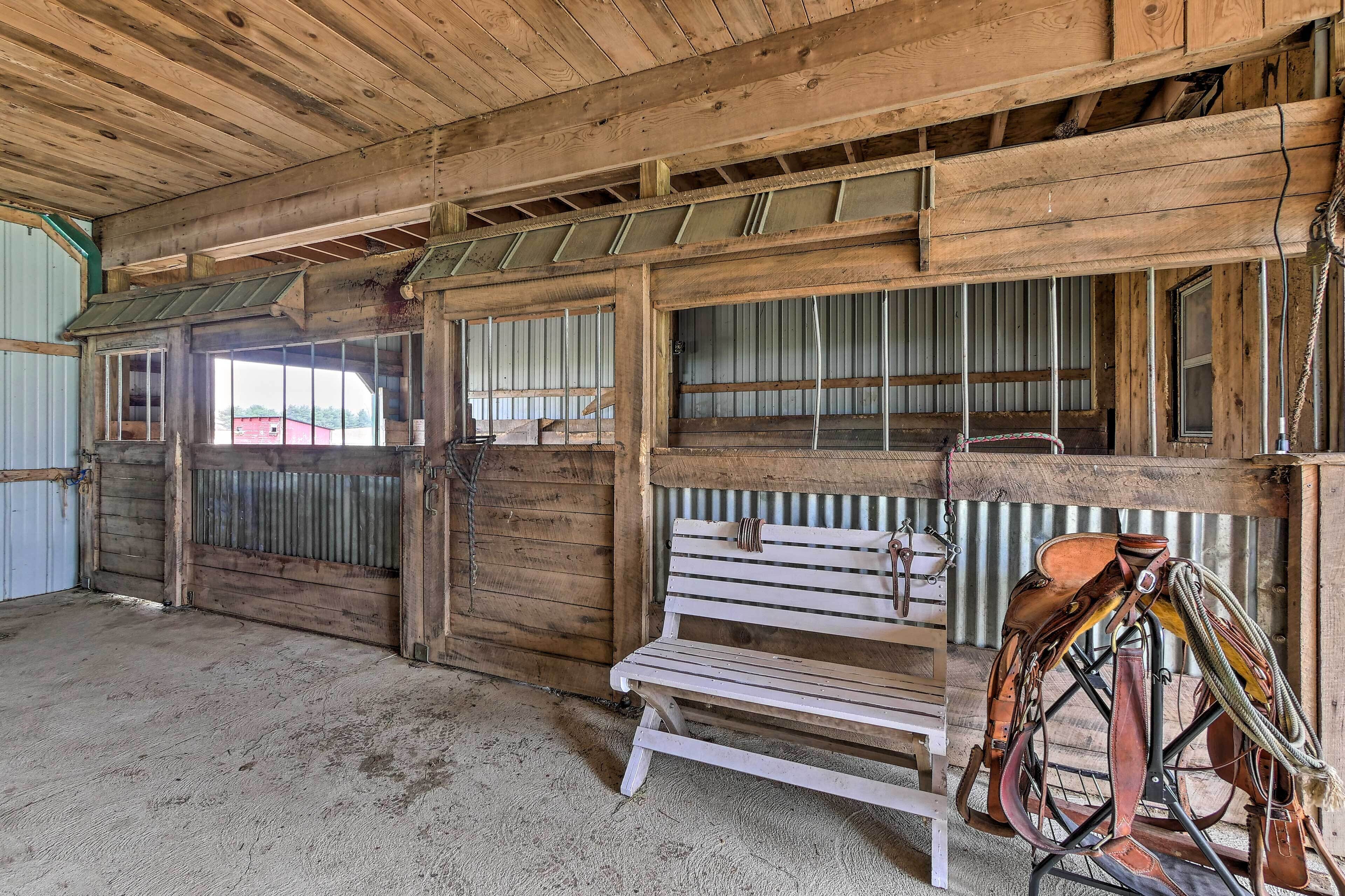 A stable interior with wooden walls, a bench, and horse tack.