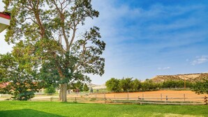 A fenced outdoor area with a large tree, grassy field, and distant hills. - Ranch House in Boulder! Gateway to Nearby Parks! (Boulder)