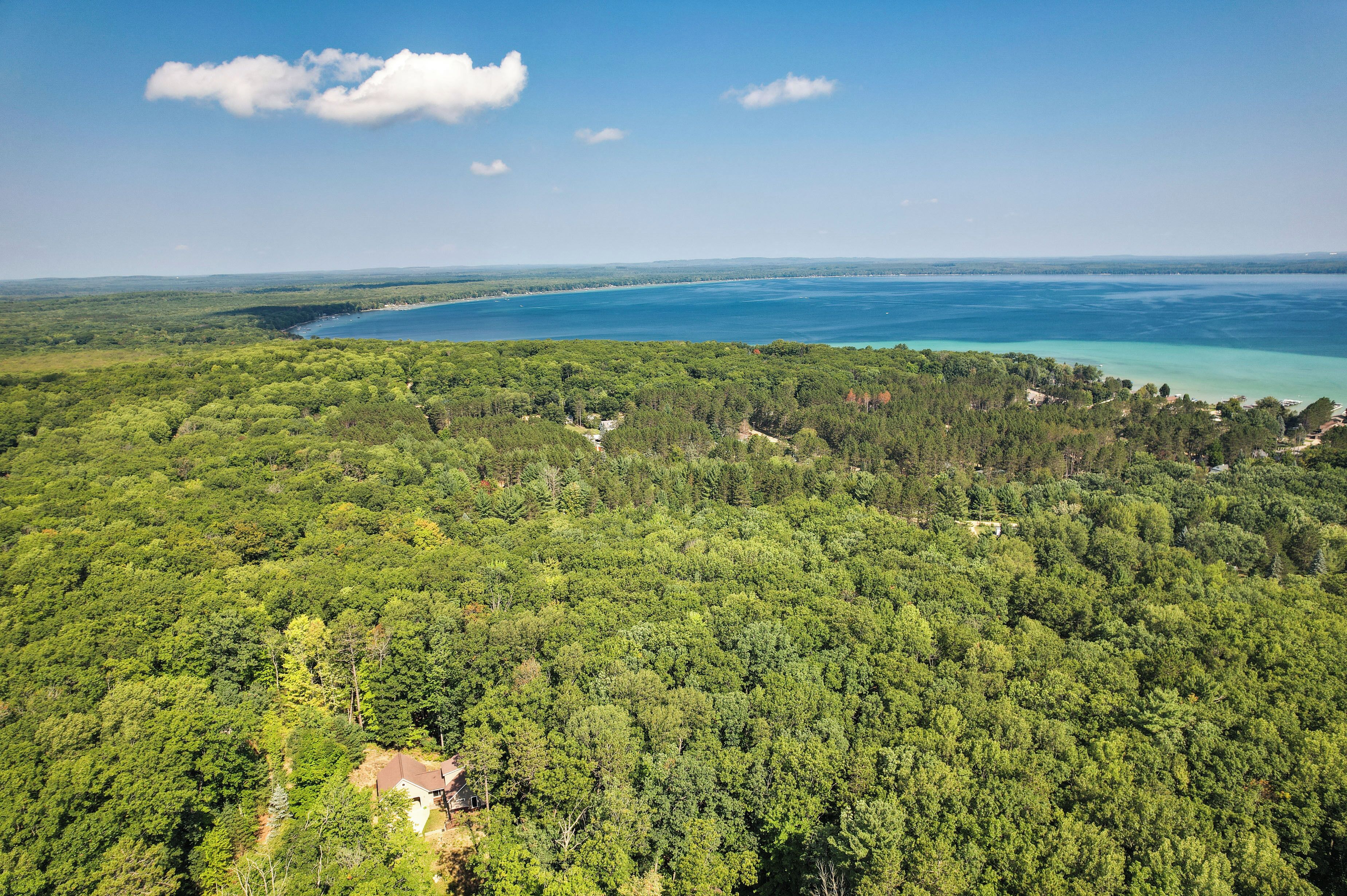 A dense forested area with a clear view of a large body of water in the background.