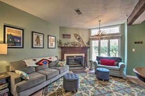Fireplace, DVD player, iPod dock, books