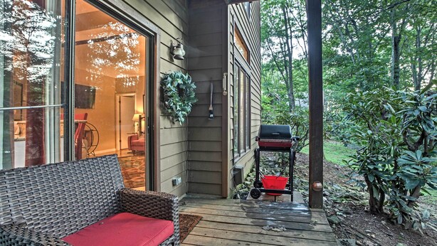 A wooden deck with a wicker sofa and a red cushion, a barbecue grill, and a garden with various plants. - Wintergreen Resort Mountain Condo w/ Pool Access! (Nellysford)