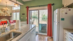A kitchen with a sink, a refrigerator, and a window with curtains. - Wintergreen Resort Mountain Condo w/ Pool Access! (Nellysford)
