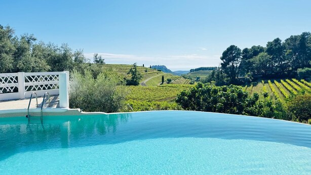 A clear blue infinity pool with a white lattice structure and a ladder, overlooking a vineyard and rolling hills. - the sea while the legendary country's calm (le beausset)