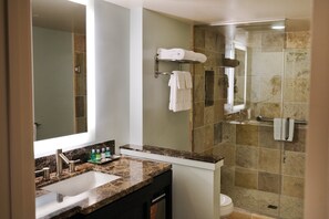 Hair dryer, towels, soap, shampoo